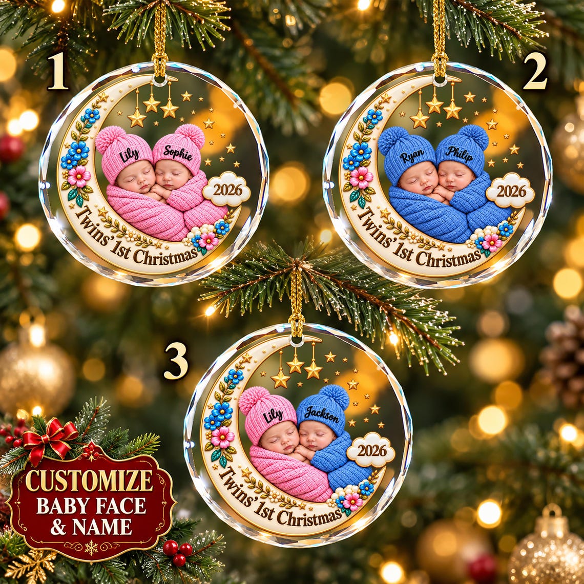Twins 1st Christmas Custom Name Date Photo Baby's First Christmas Round Glass Christmas Ornament Twin Baby Keepsake Gift