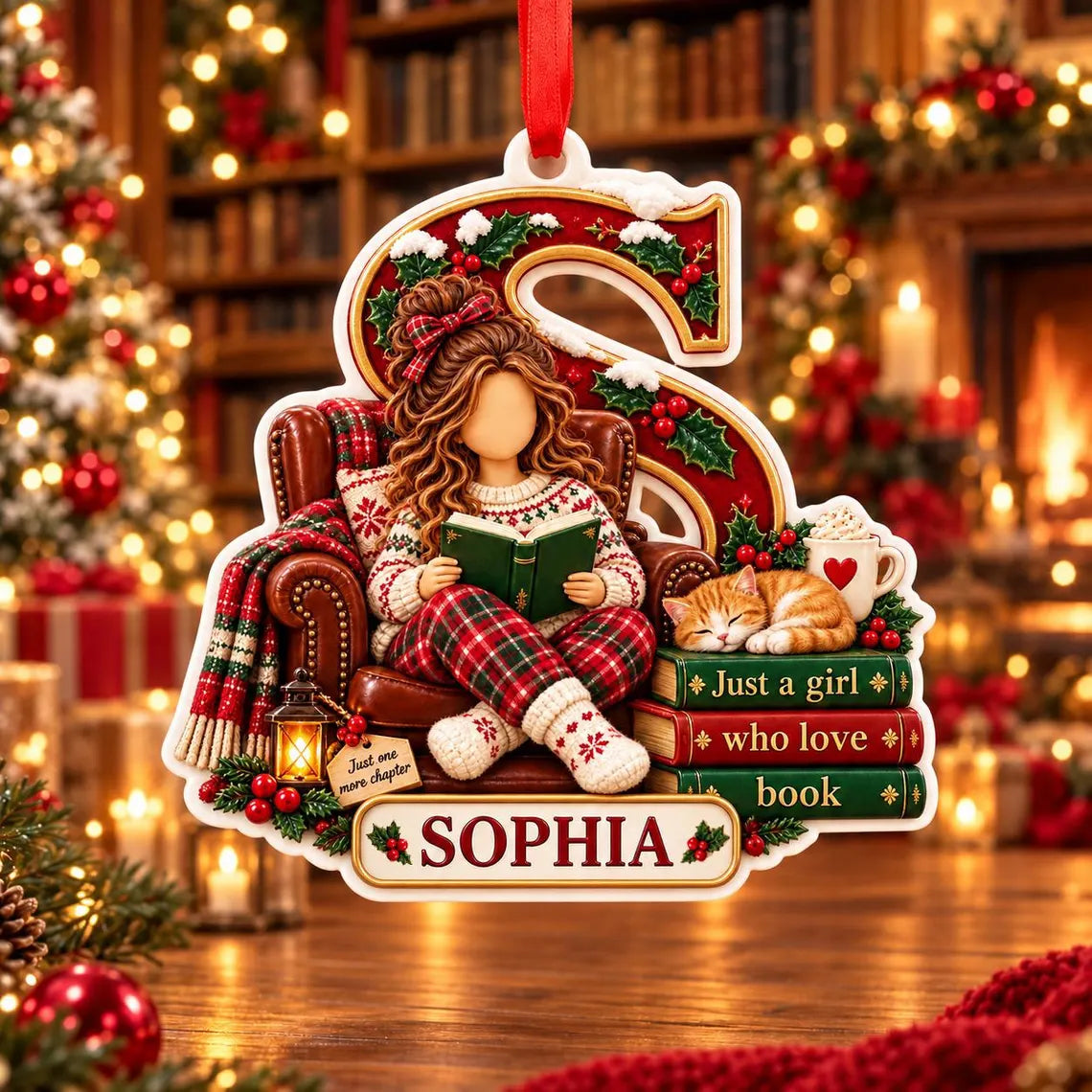 Christmas Book Lover Initial Custom Name Acrylic Christmas Ornament Reader Holiday Gift