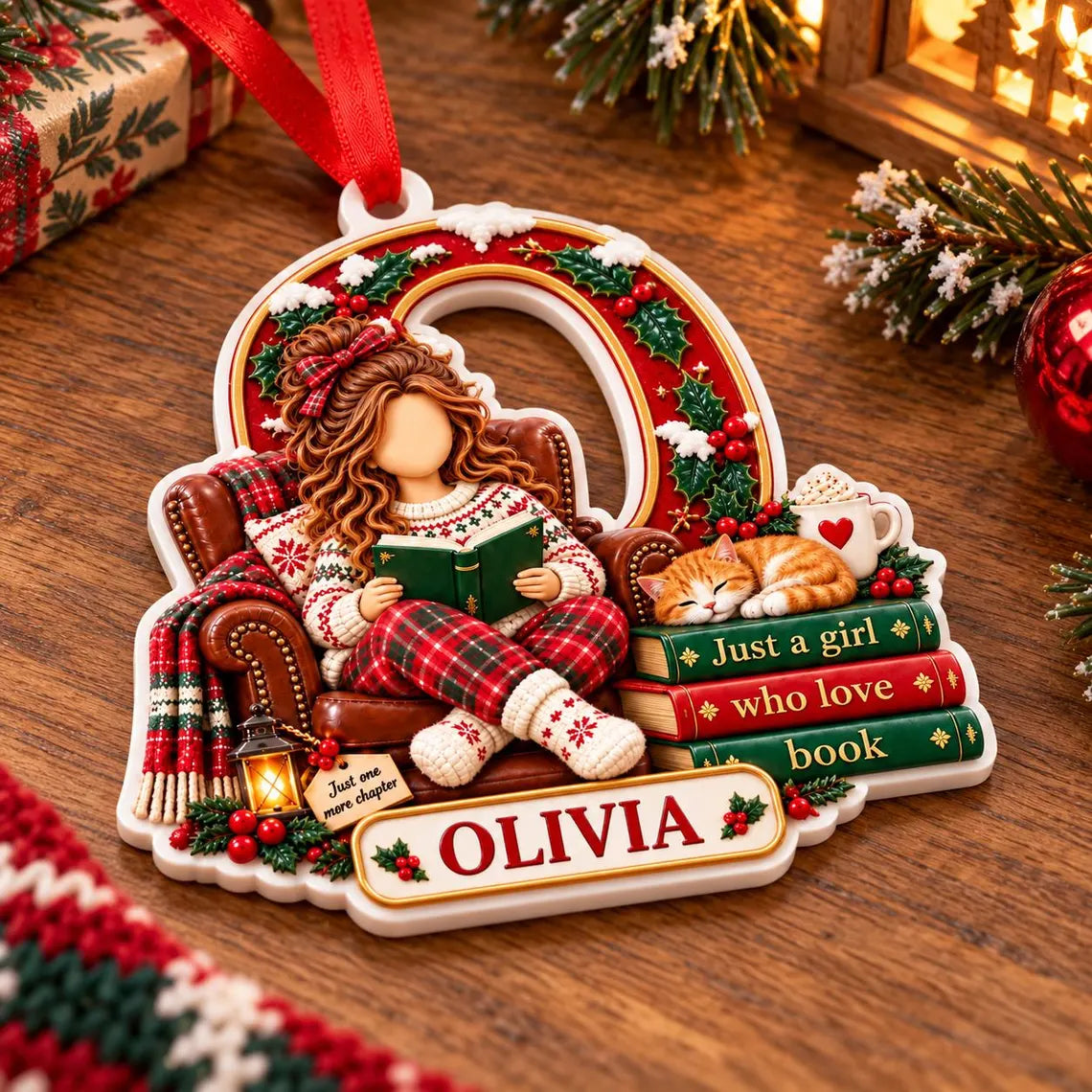 Christmas Book Lover Initial Custom Name Acrylic Christmas Ornament Reader Holiday Gift