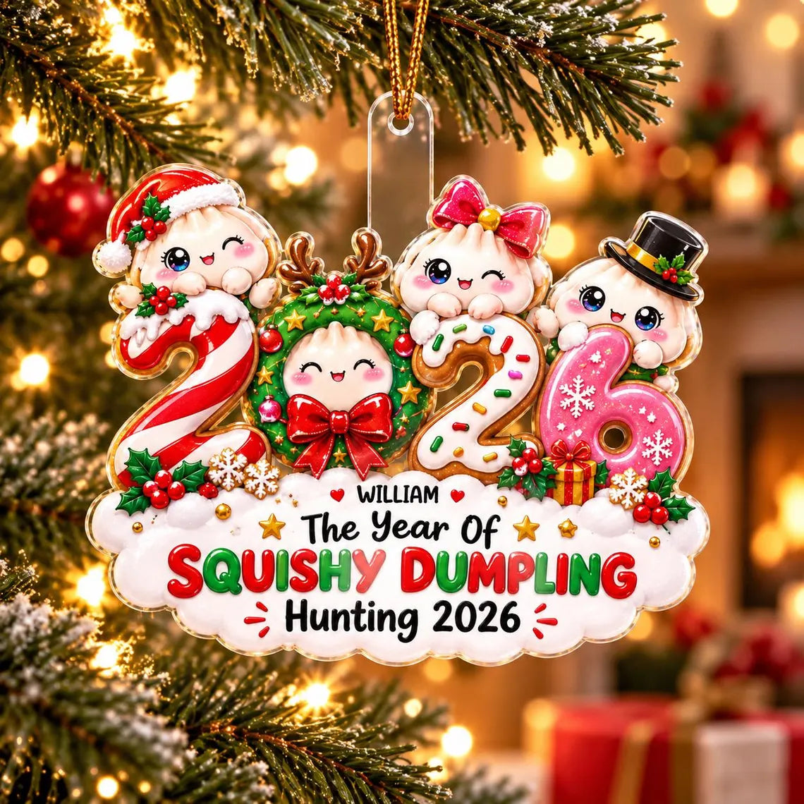 Squishy Dumpling Hunting 2026 Custom Name Date Acrylic Christmas Ornament Cute Squishy Collector Gift