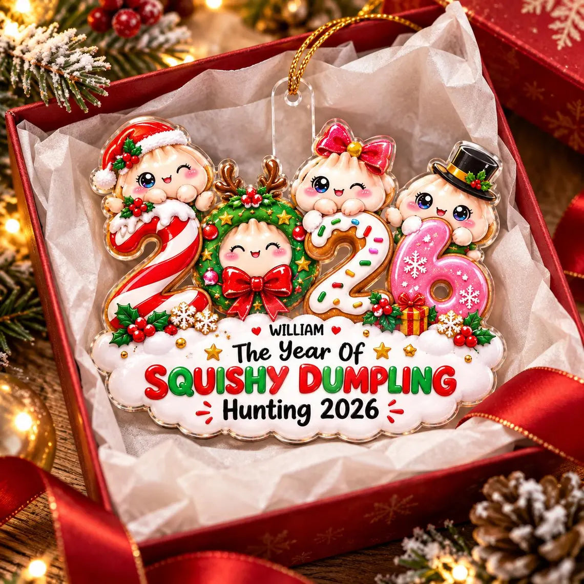 Squishy Dumpling Hunting 2026 Custom Name Date Acrylic Christmas Ornament Cute Squishy Collector Gift