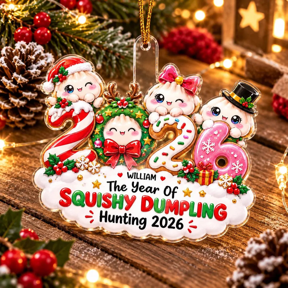 Squishy Dumpling Hunting 2026 Custom Name Date Acrylic Christmas Ornament Cute Squishy Collector Gift
