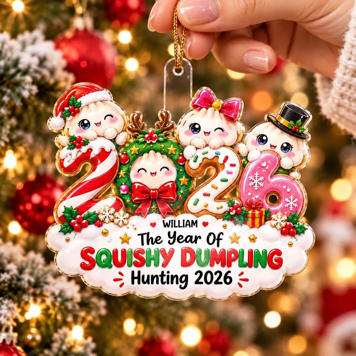 Squishy Dumpling Hunting 2026 Custom Name Date Acrylic Christmas Ornament Cute Squishy Collector Gift