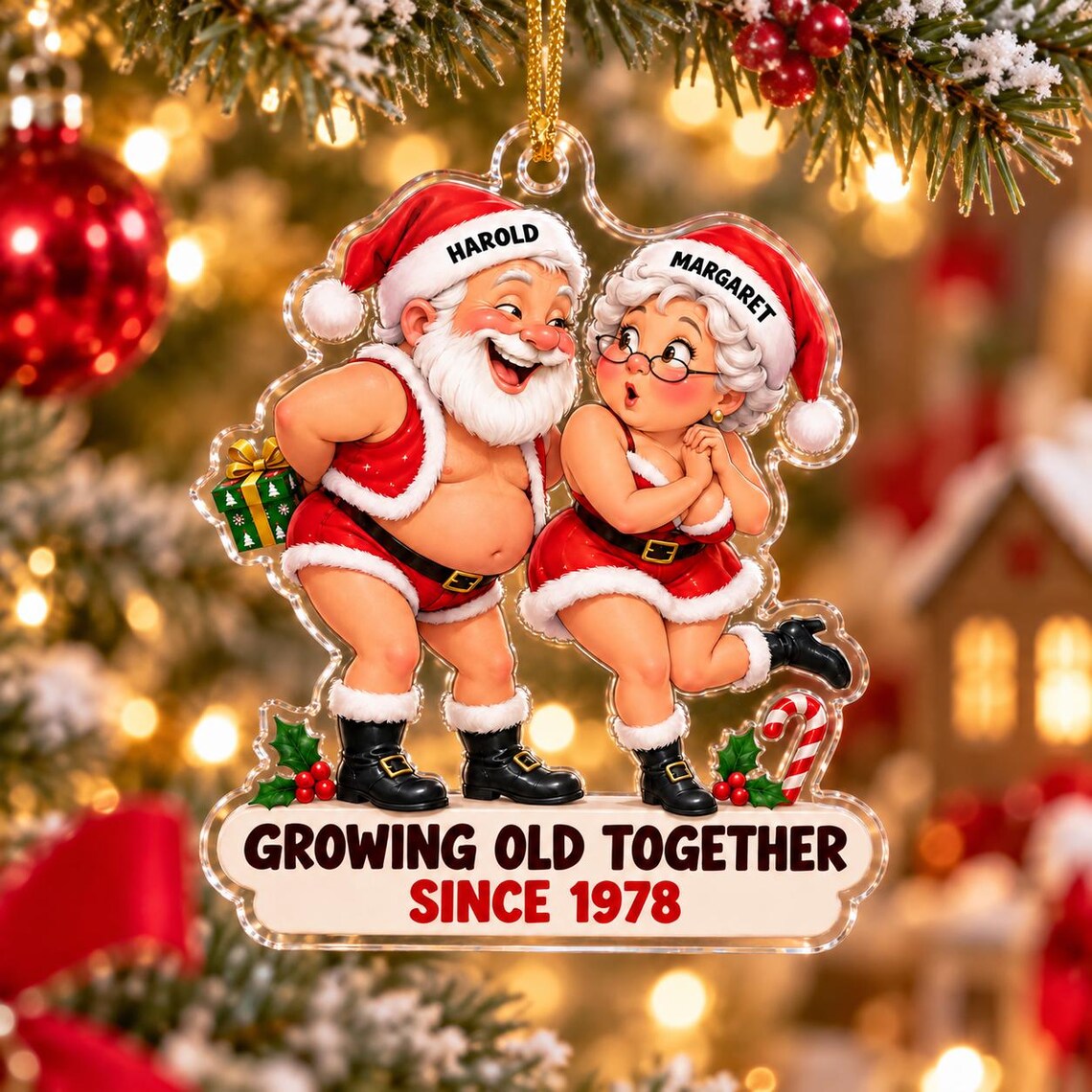 Growing Old Together Santa Funny Couple Custom Names Date Couple Acrylic Christmas Ornament Anniversary