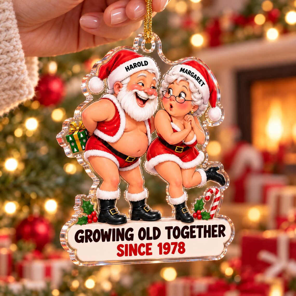 Growing Old Together Santa Funny Couple Custom Names Date Couple Acrylic Christmas Ornament Anniversary