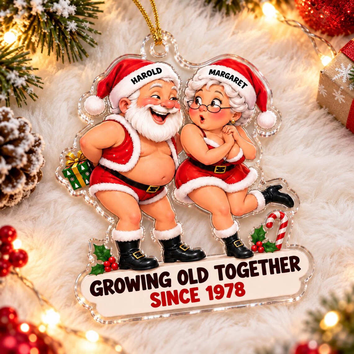 Growing Old Together Santa Funny Couple Custom Names Date Couple Acrylic Christmas Ornament Anniversary