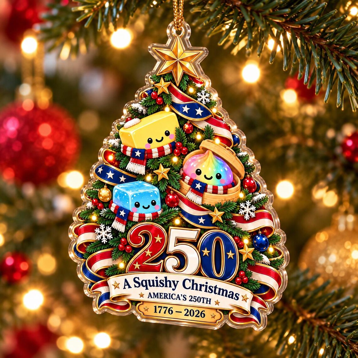 America's 250th Squishy Christmas Tree Acrylic Christmas Ornament Patriotic 250th Anniversary