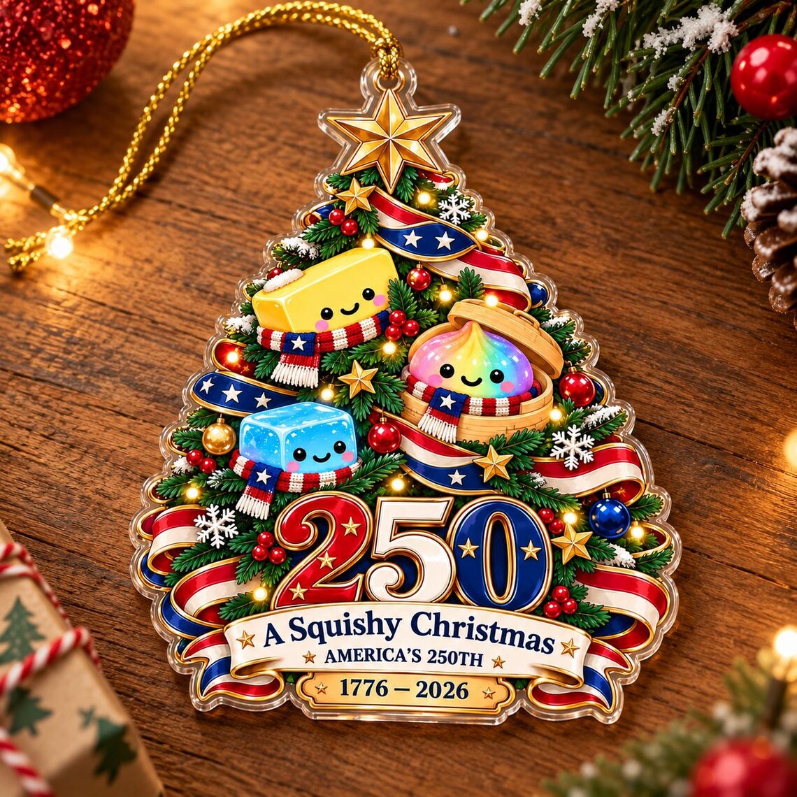 America's 250th Squishy Christmas Tree Acrylic Christmas Ornament Patriotic 250th Anniversary