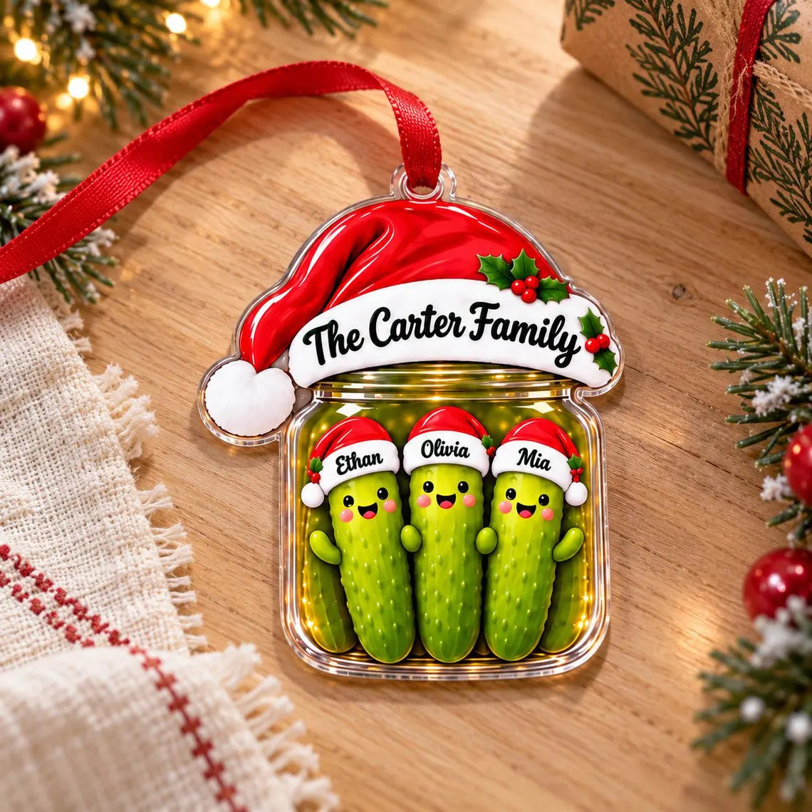 Christmas Pickle Family Custom Names Family Acrylic Christmas Ornament Funny Family