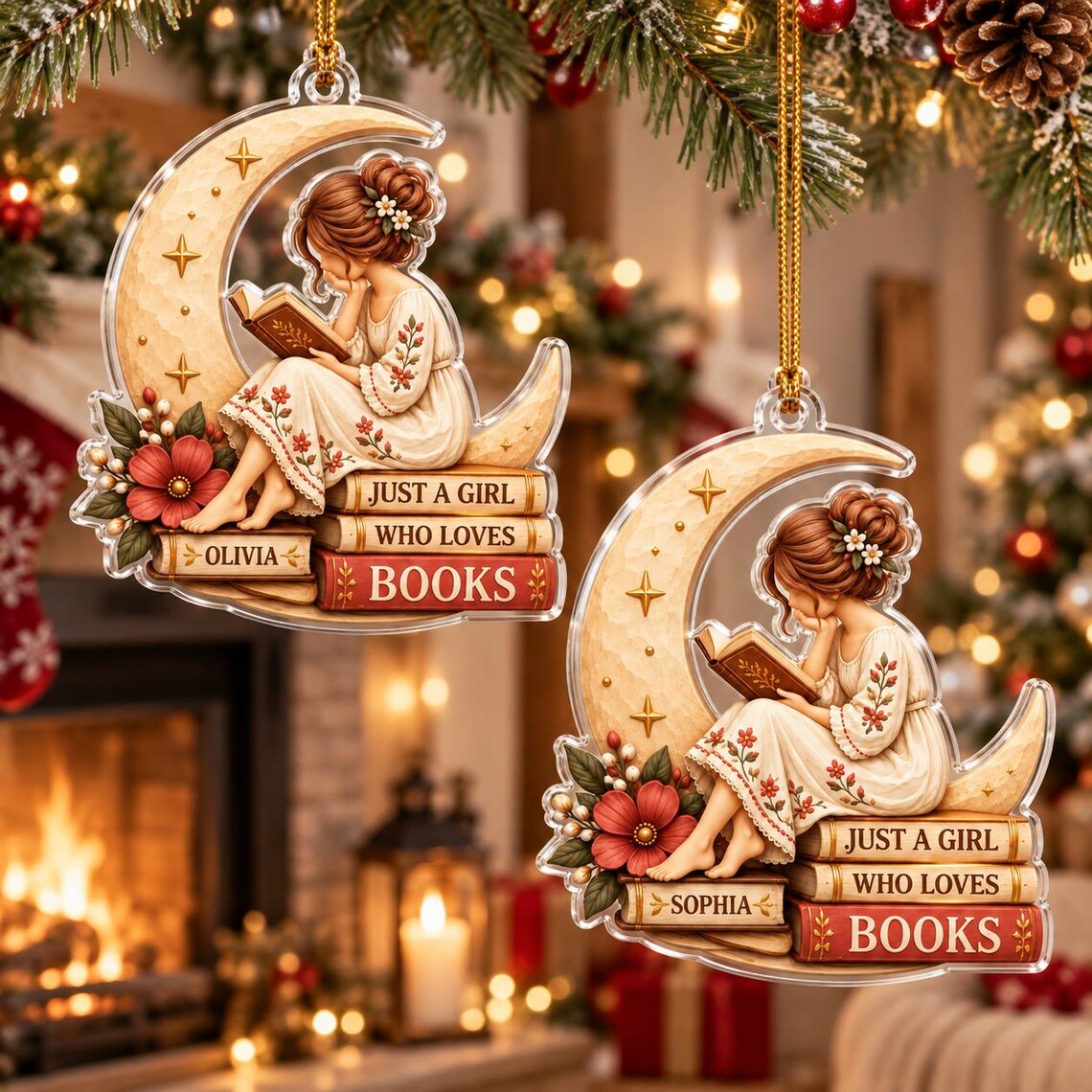 Girl Who Loves Books Custom Name Acrylic Christmas Ornament Book Lover