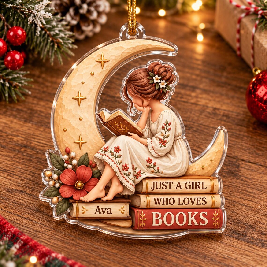 Girl Who Loves Books Custom Name Acrylic Christmas Ornament Book Lover