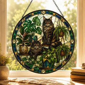 Floral Cats Garden Cat Stained Glass Suncatcher Ornament Window