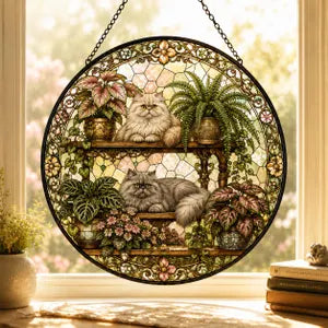 Floral Cats Garden Cat Stained Glass Suncatcher Ornament Window