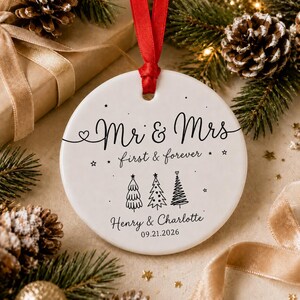 Mr and Mrs First and Forever Custom Names Date Wedding/Engagement Round Ceramic Christmas Ornament