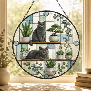 Floral Cats Garden Cat Stained Glass Suncatcher Ornament Window