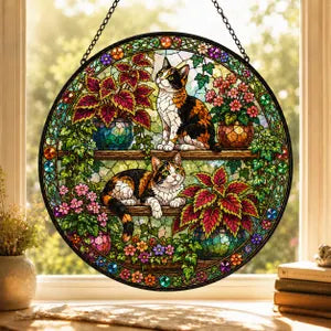 Floral Cats Garden Cat Stained Glass Suncatcher Ornament Window