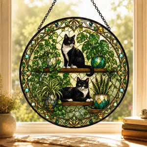 Floral Cats Garden Cat Stained Glass Suncatcher Ornament Window