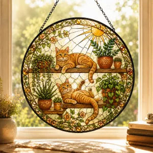 Floral Cats Garden Cat Stained Glass Suncatcher Ornament Window