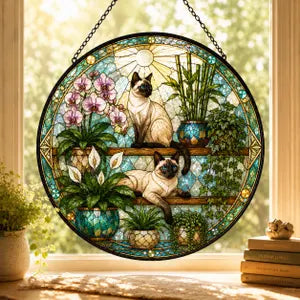 Floral Cats Garden Cat Stained Glass Suncatcher Ornament Window