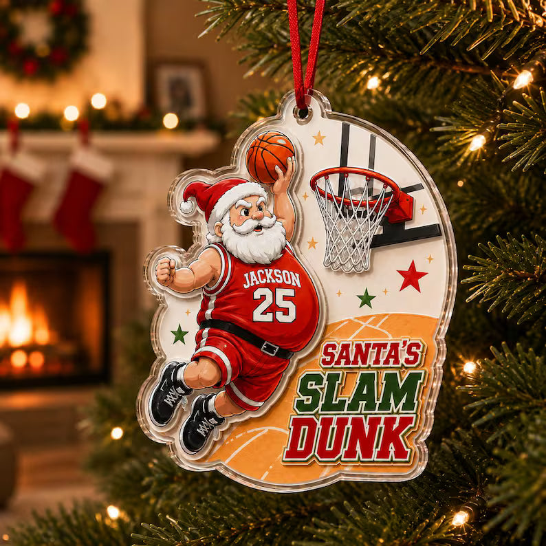 Santa Basketball Christmas 2026 Custom Name Sports Acrylic Christmas Ornament