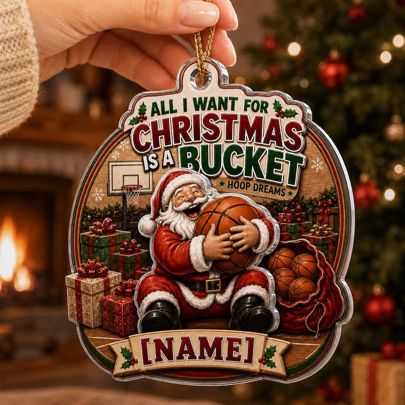Santa Basketball Christmas 2026 Custom Name Sports Acrylic Christmas Ornament