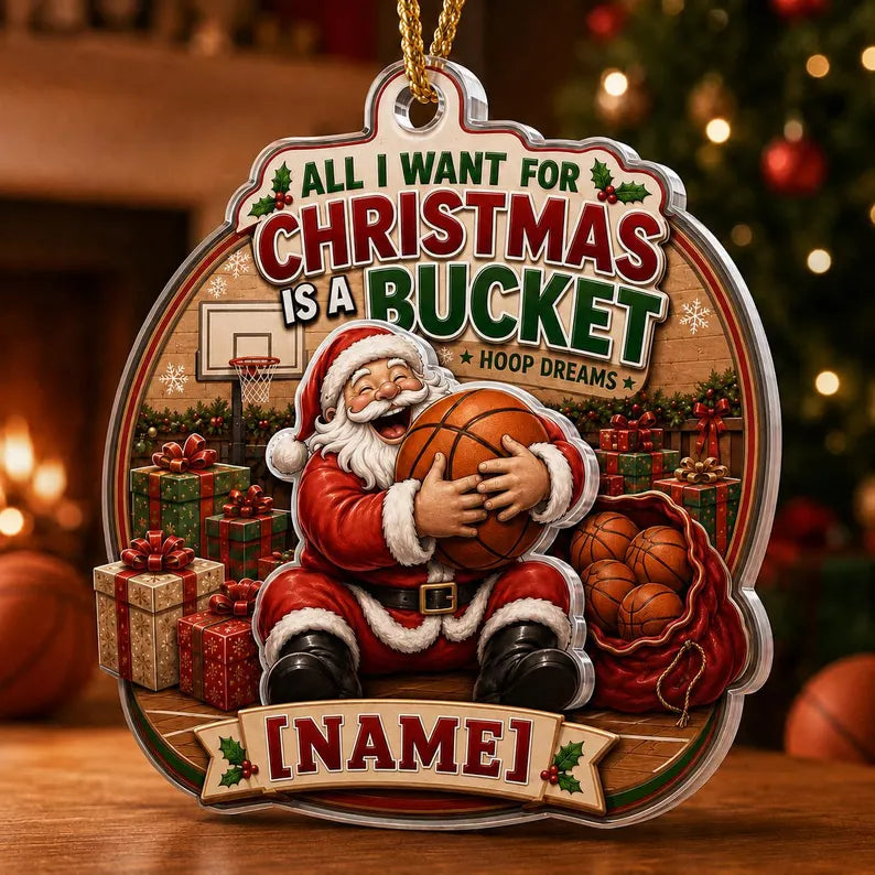 Santa Basketball Christmas 2026 Custom Name Sports Acrylic Christmas Ornament