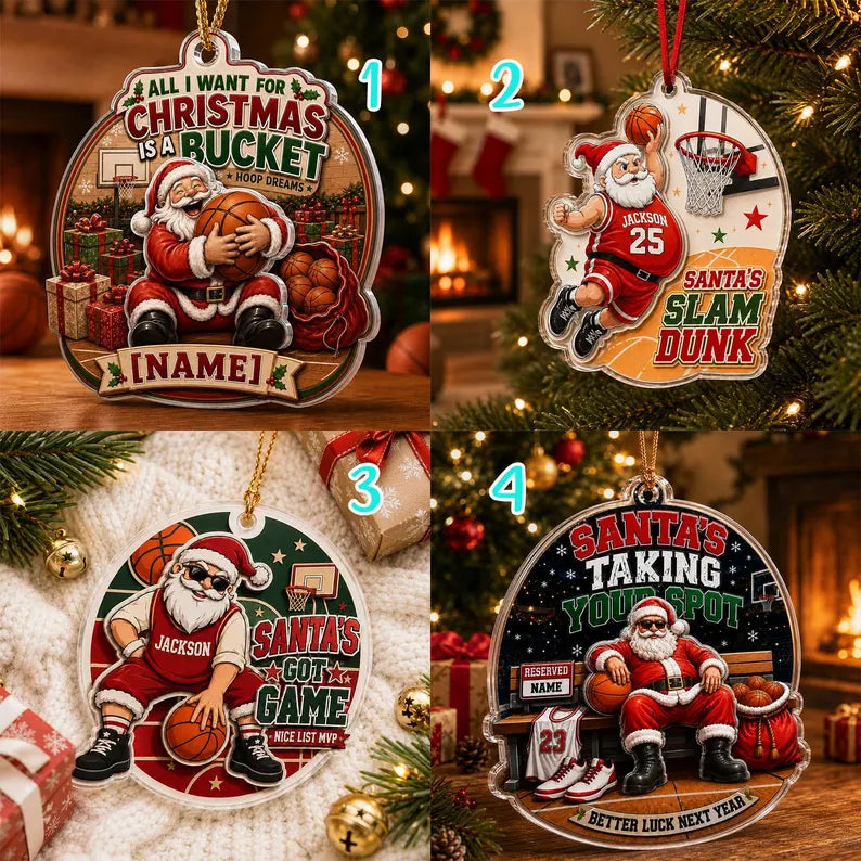 Santa Basketball Christmas 2026 Custom Name Sports Acrylic Christmas Ornament