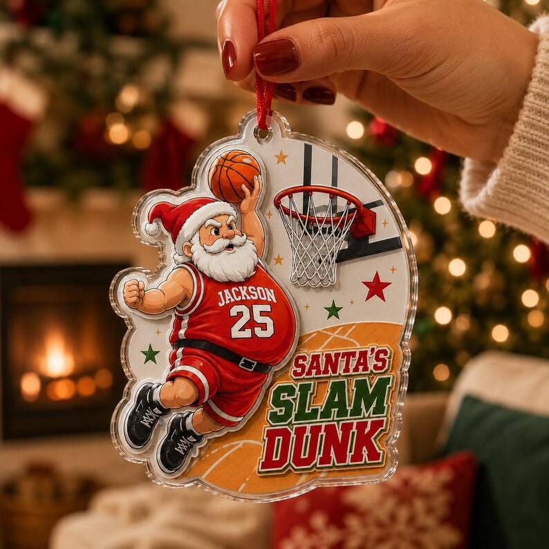 Santa Basketball Christmas 2026 Custom Name Sports Acrylic Christmas Ornament
