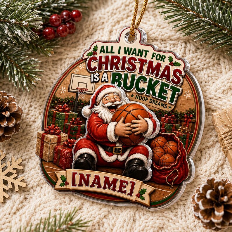 Santa Basketball Christmas 2026 Custom Name Sports Acrylic Christmas Ornament