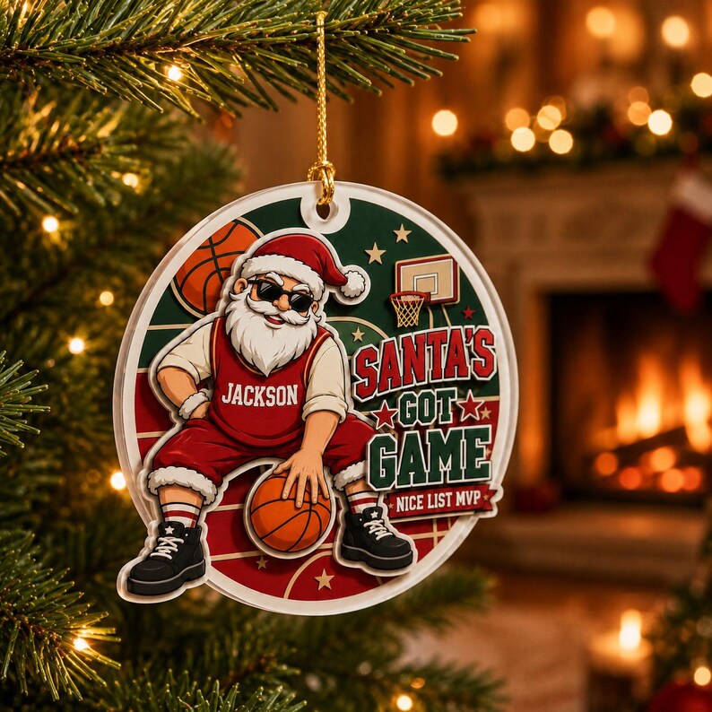 Santa Basketball Christmas 2026 Custom Name Sports Acrylic Christmas Ornament