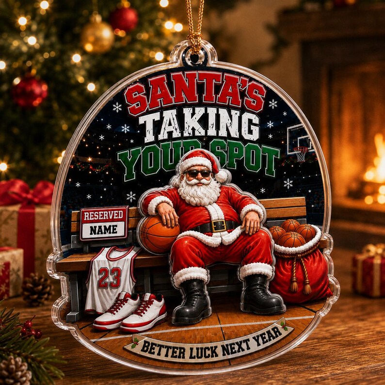Santa Basketball Christmas 2026 Custom Name Sports Acrylic Christmas Ornament