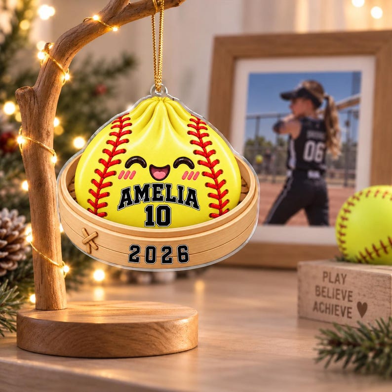 Softball Dumpling Ornament 2026 Custom Name Acrylic Christmas Ornament