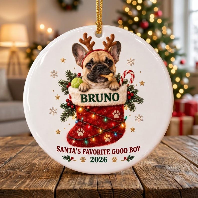 Santa's Favorite Good Boy Stocking 2026 Custom Name Date Photo Dog Round Ceramic Ornament