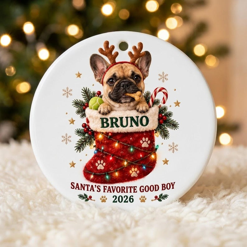 Santa's Favorite Good Boy Stocking 2026 Custom Name Date Photo Dog Round Ceramic Ornament