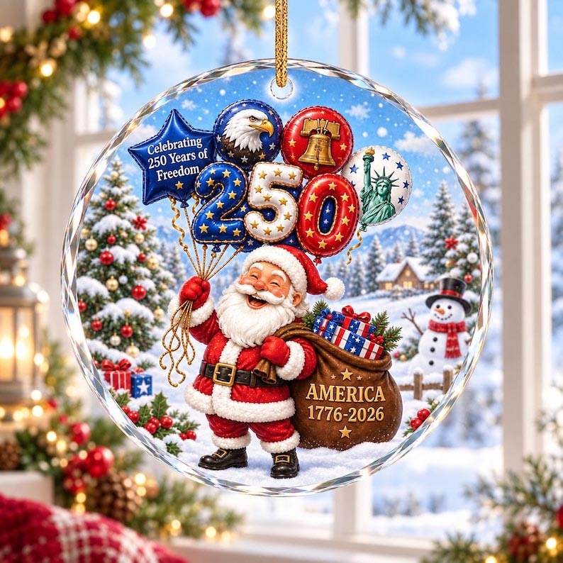1776-2026 Santa Bald Eagle Patriotic America's 250th Round Glass Ornament