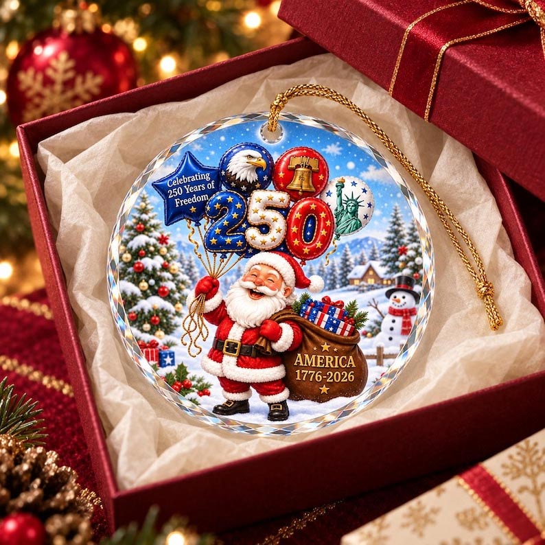 1776-2026 Santa Bald Eagle Patriotic America's 250th Round Glass Ornament