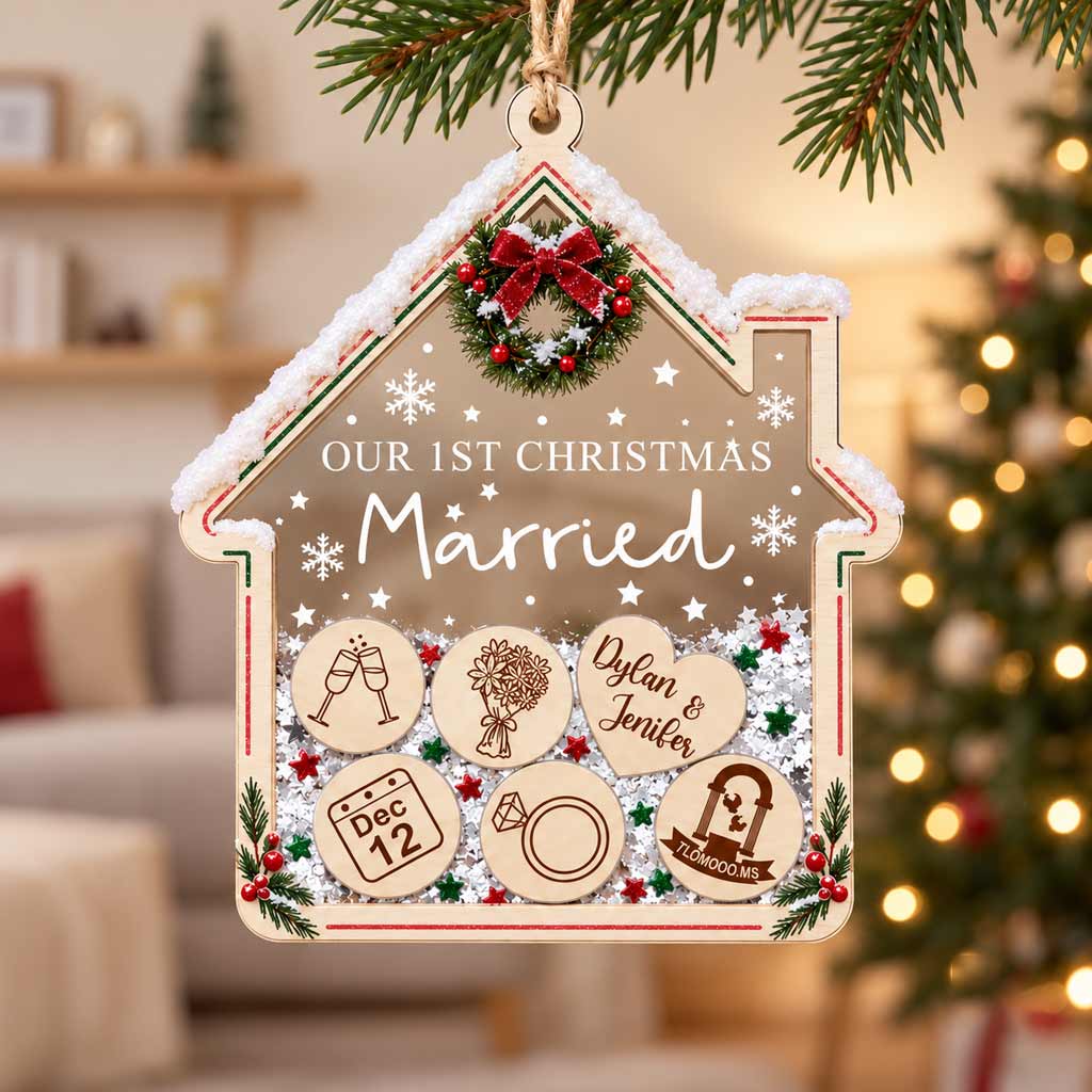 Our First Christmas Married Custom Name Date Wedding Keepsake House Acrylic Christmas Ornament