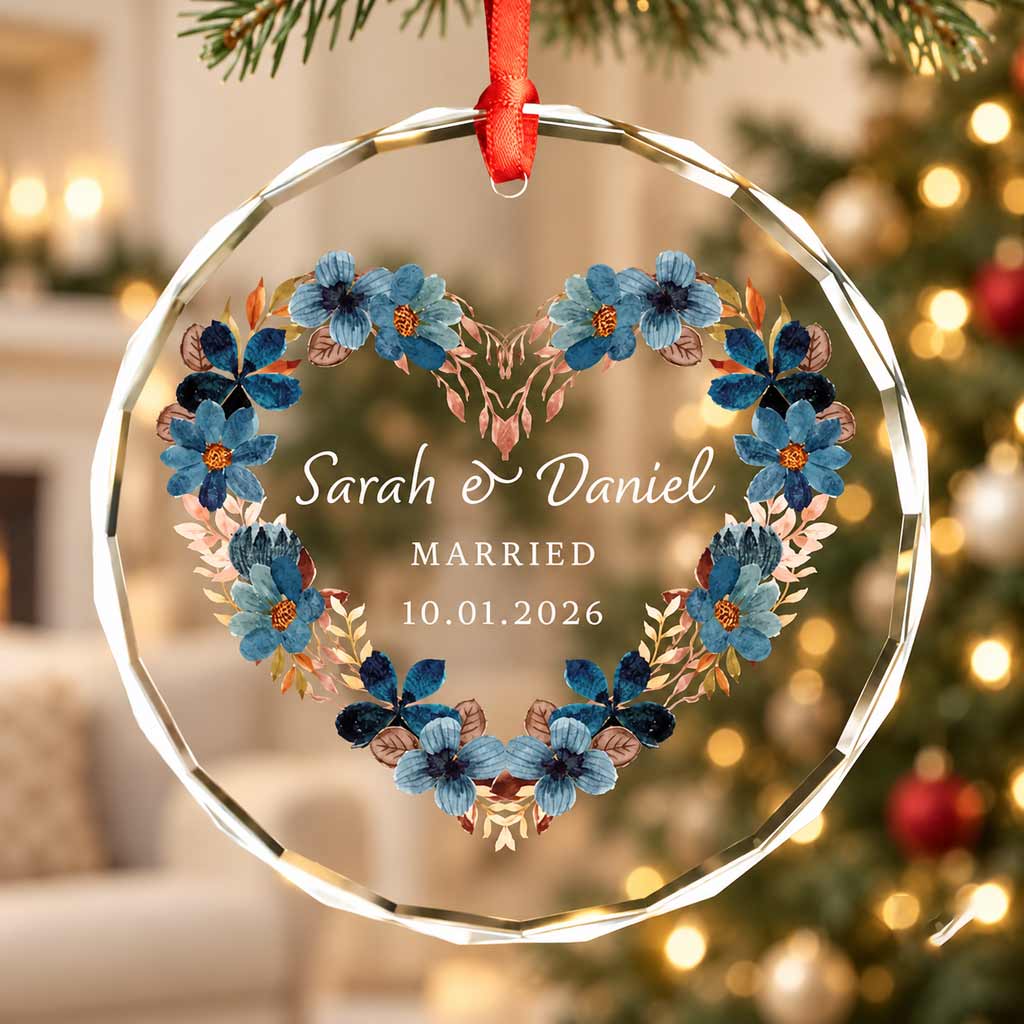 Floral Wedding Wreath Custom Couple Name Date Married Gift Round Glass Christmas Ornament