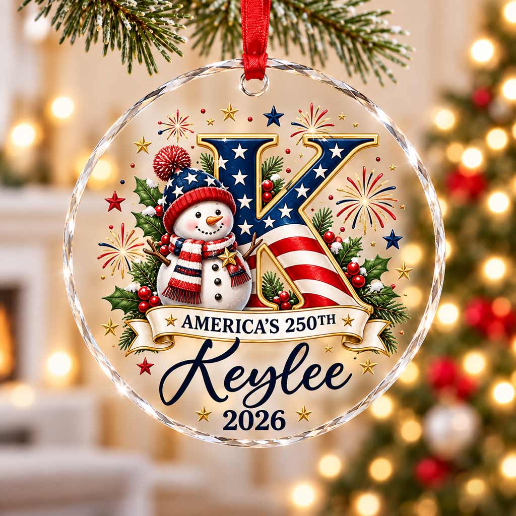 America's 250th Snowman Initial Custom Name 2026 Patriotic Round Glass Christmas Ornament