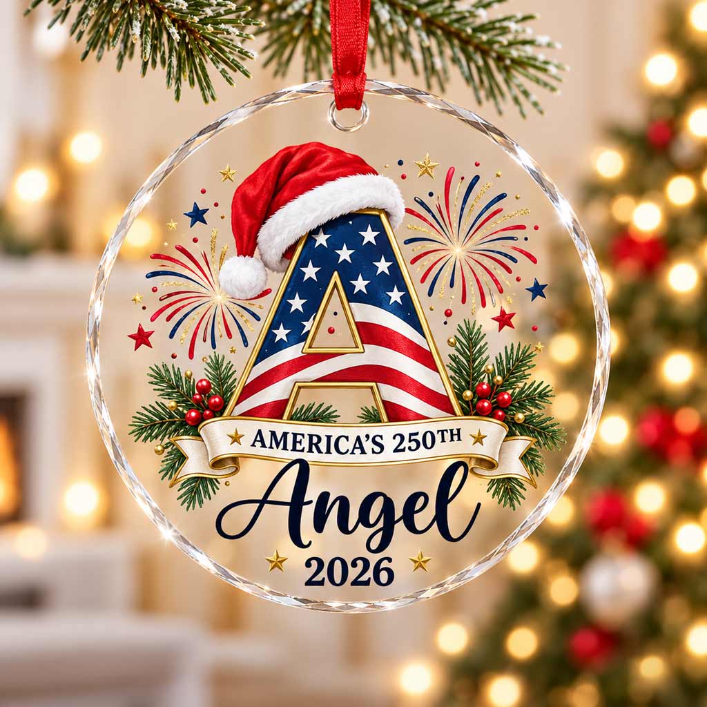 America's 250th Initial 2026 Custom Name Patriotic Holiday Keepsake Round Glass Christmas Ornament
