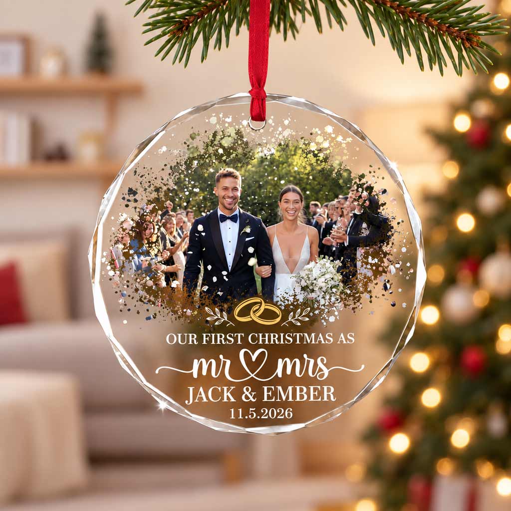 Our First Christmas as Mr & Mrs 2026 Custom Photo Wedding Anniversary Keepsake Round Glass Christmas Ornament