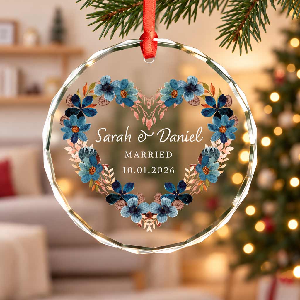 Floral Wedding Wreath Custom Couple Name Date Married Gift Round Glass Christmas Ornament