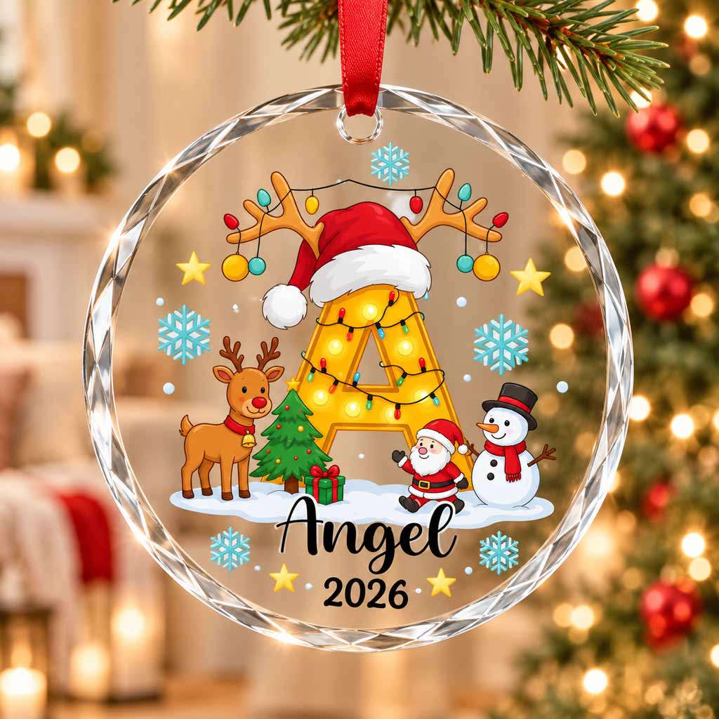 Christmas Initial Santa Reindeer Custom Name 2026 Family Holiday Round Glass Christmas Ornament