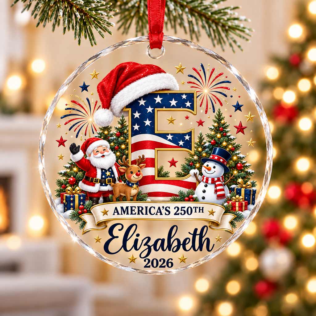 America's 250th Christmas Initial Custom Name 2026 Patriotic Round Glass Christmas Ornament