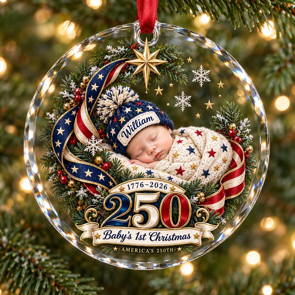Baby's First Christmas America's 250th Year 1776-2026 Custom Name Newborn Patriotic Round Glass Christmas Ornament