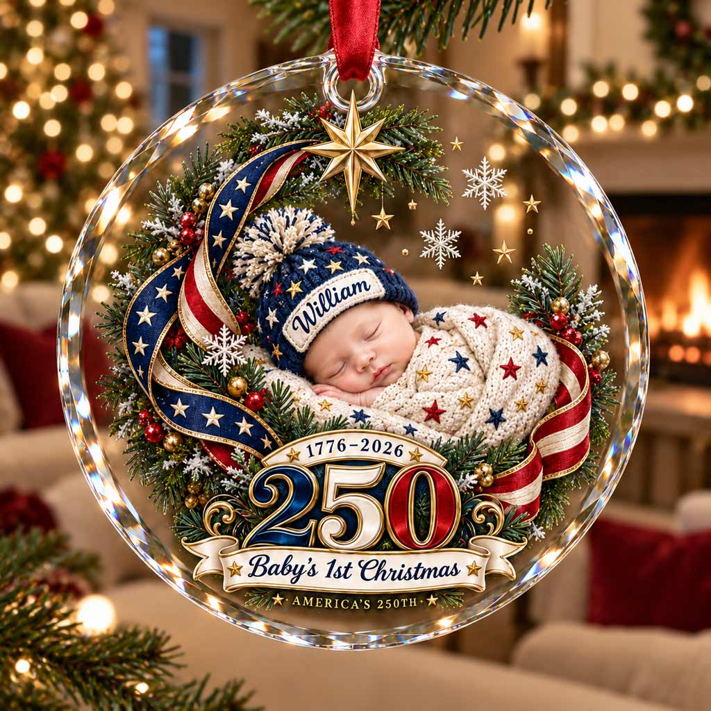 Baby's First Christmas America's 250th Year 1776-2026 Custom Name Newborn Patriotic Round Glass Christmas Ornament