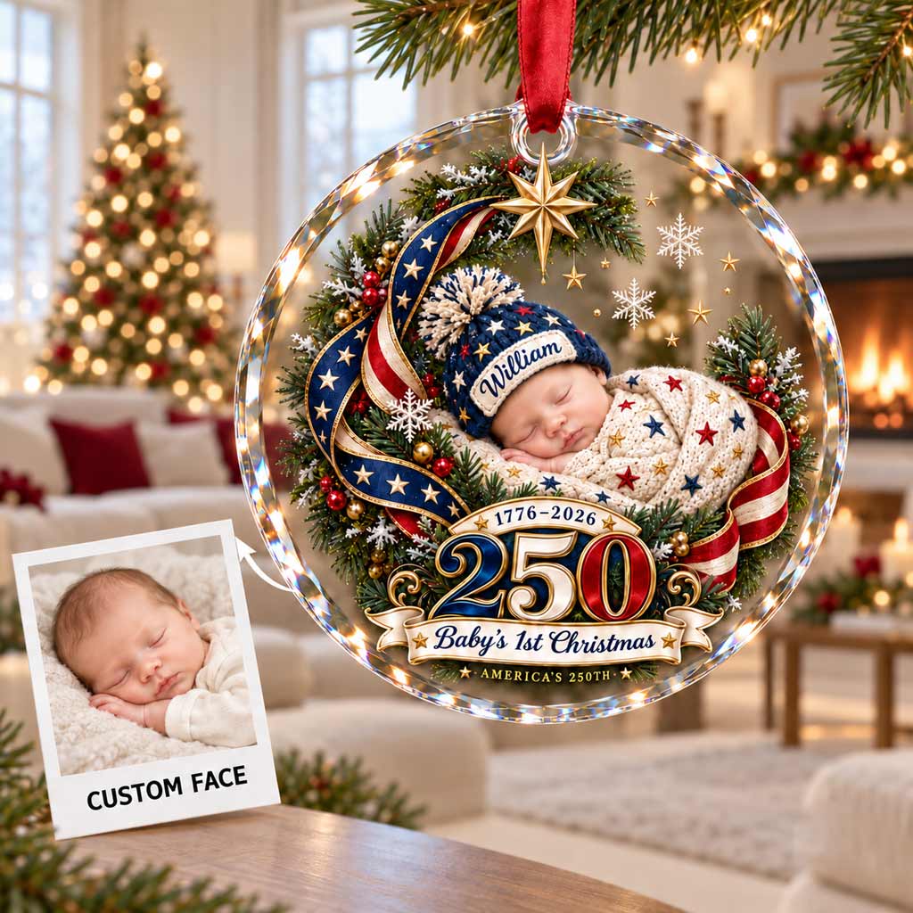 Baby's First Christmas America's 250th Year 1776-2026 Custom Name Newborn Patriotic Round Glass Christmas Ornament