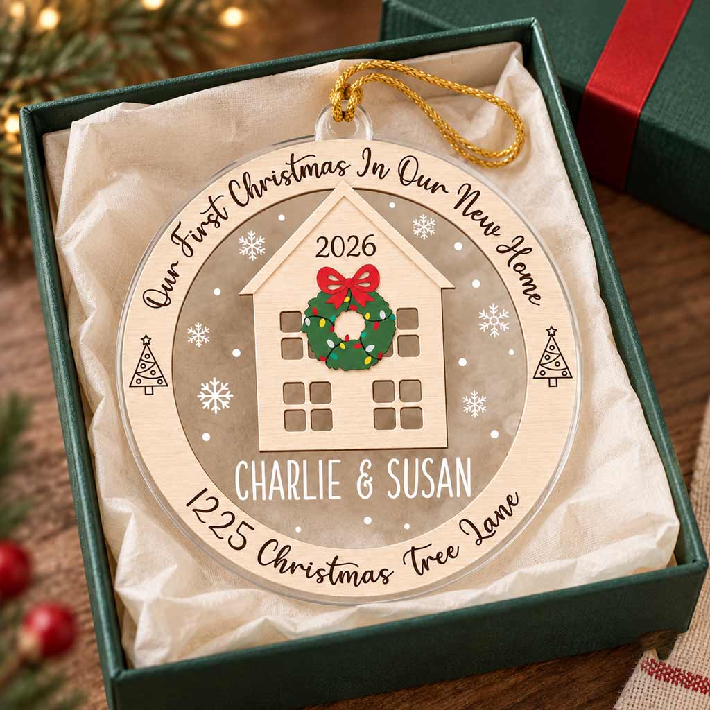 Our First Christmas in Our New Home Custom Name Address New Home Housewarming Keepsake Round Acrylic Ornament