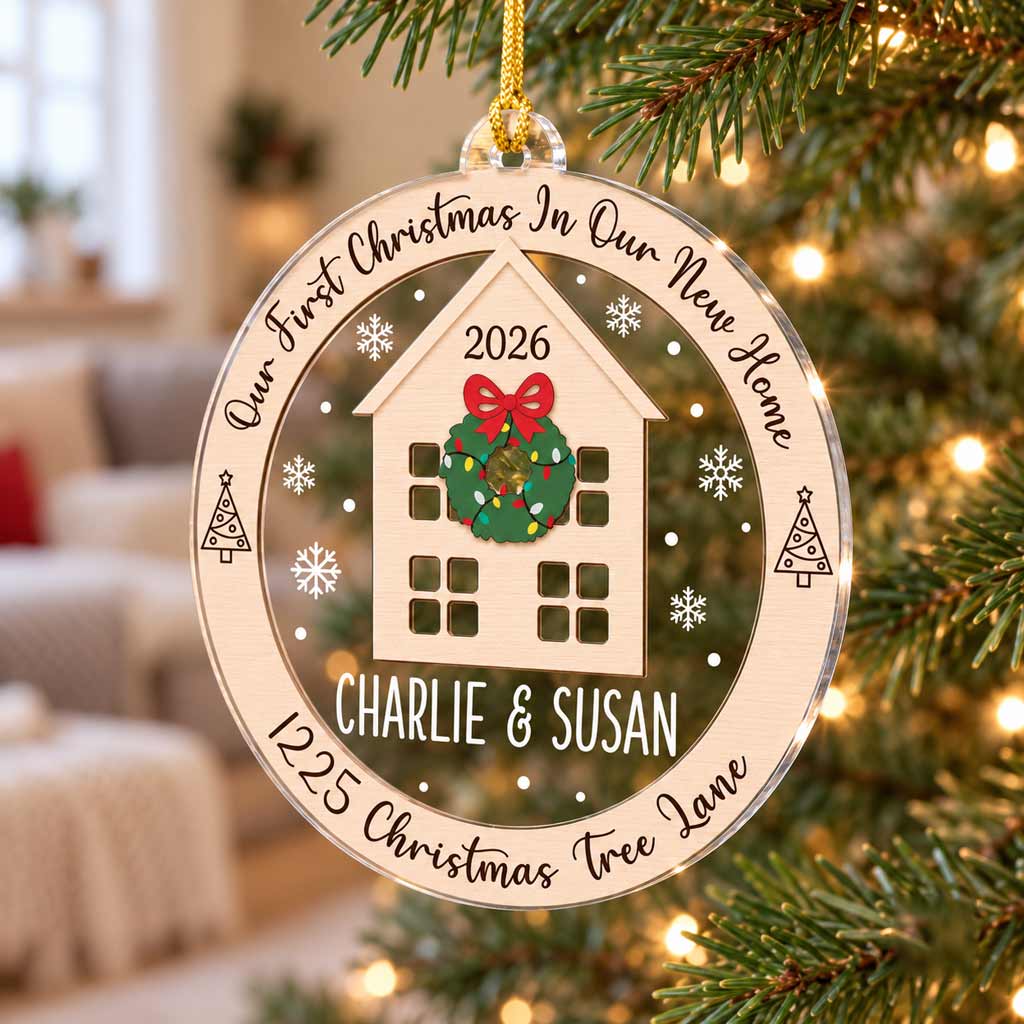 Our First Christmas in Our New Home Custom Name Address New Home Housewarming Keepsake Round Acrylic Ornament