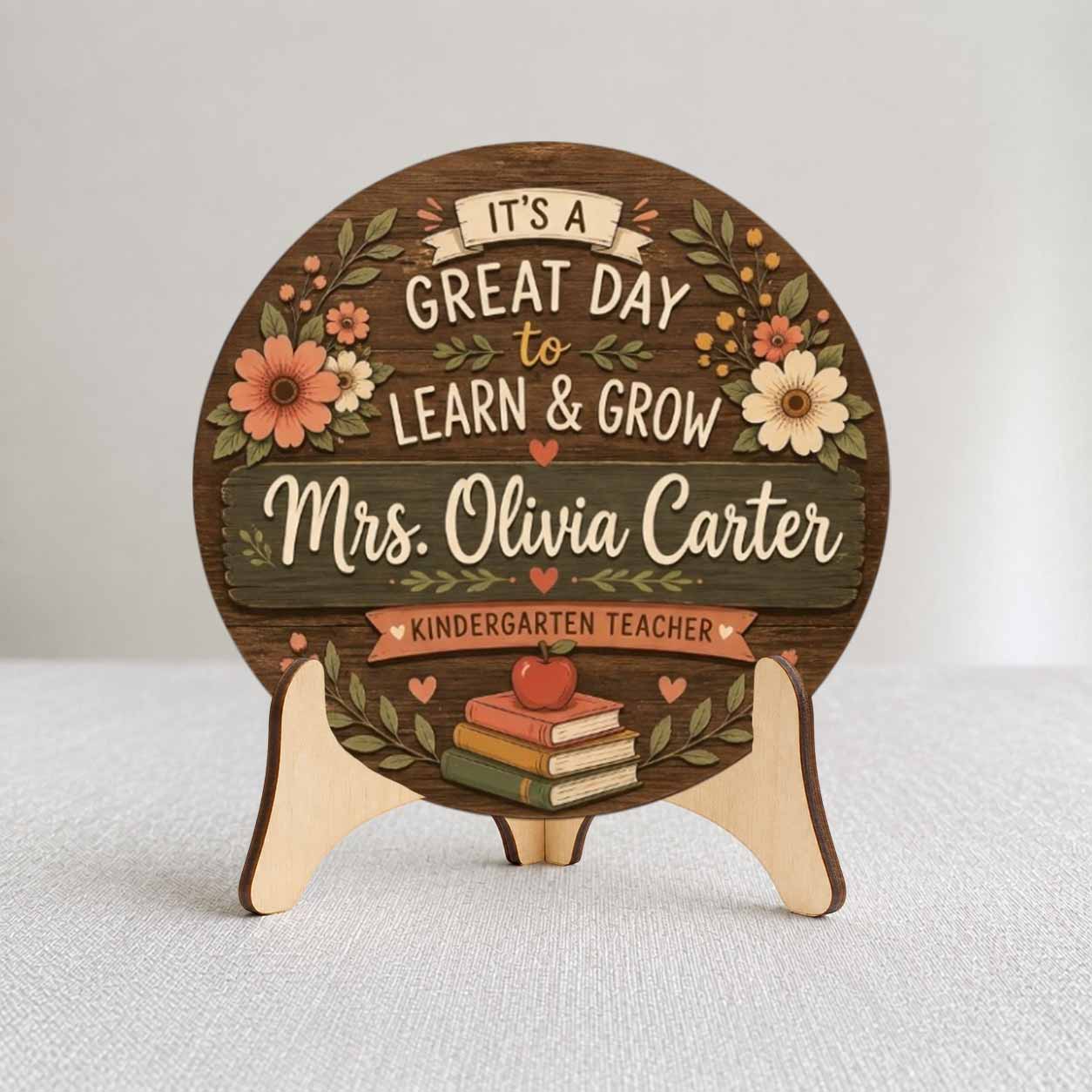 Personalized Teacher Name Wooden Sign Door Hanger Great Day To Learn & Grow Wooden Classroom Decor, Back to School Sign